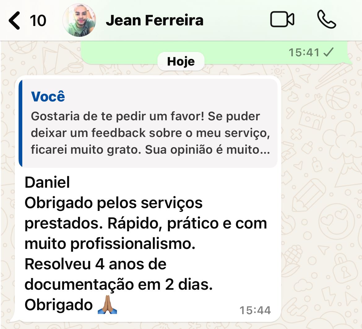 Depoimento de cliente sobre documentação regularizada
